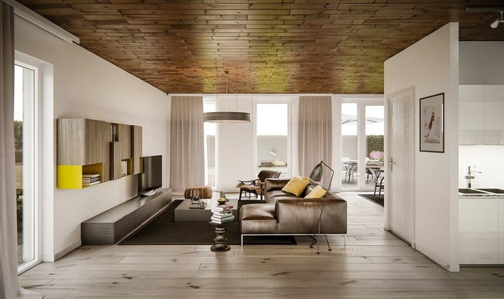 Living Room With Wood Ceiling